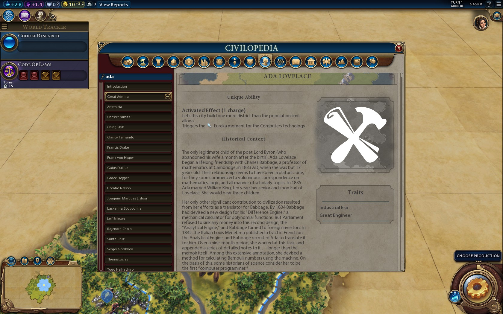 Ada Lovelaces Eintrag in der Civilopedia