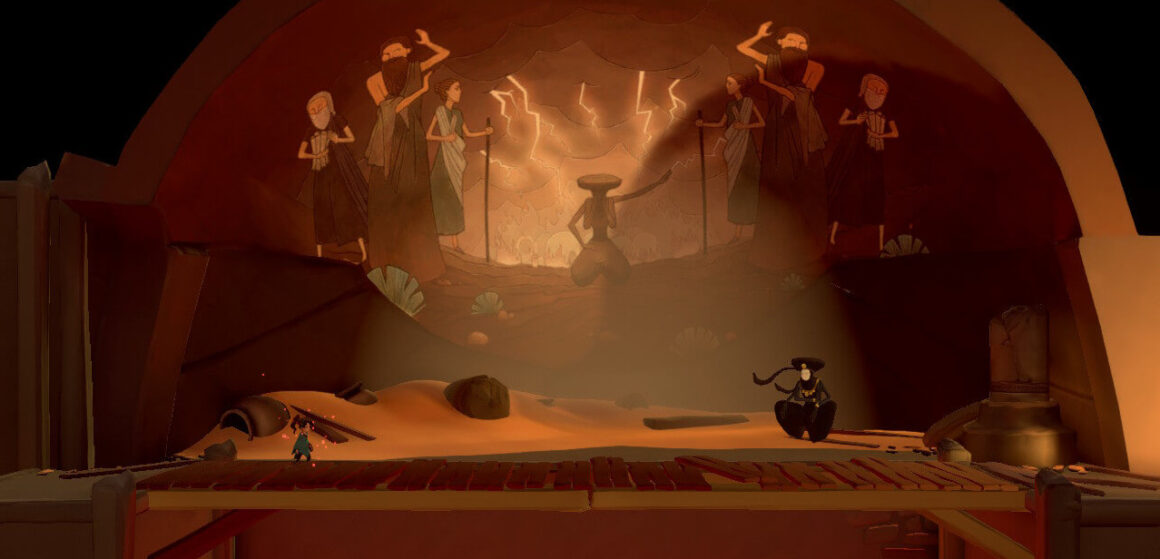 Robyn durchquert eine große Halle, um zum alten Philosophen zu kommen. Hinter ihnen zeigt ein riesiges Wandgemälde ihn und seine Gefolgschaft