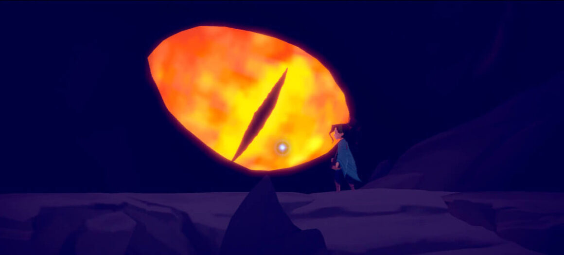 In der Dunkelheit hinter Robyn sieht man ein riesiges gelbes Drachenauge, das auf sie herabblickt.