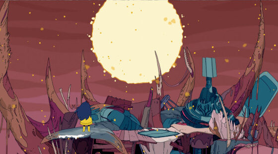 Mo steht inmitten vieler Überreste und schaut auf eine riesige brennende Sonne