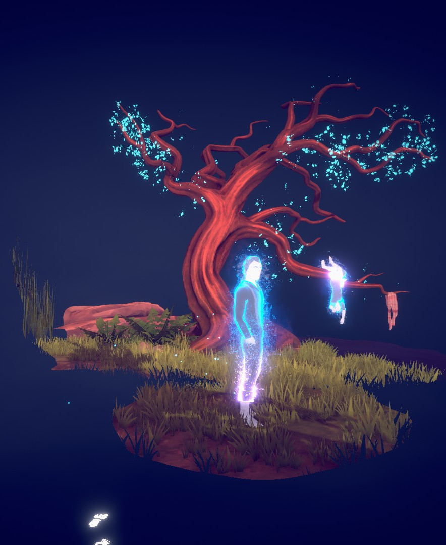 Eine ausgeschnittene Erinnerungsszene: Ein kahler Baum auf einem Fleckchen Gras. Von einem der Äste hängt ein Kleidungsstück herunter. Etwas daneben tut eine leuchtende Geisterfigur dasselbe und eine andere steht weiter vorne im Bild und schaut zur Seite.