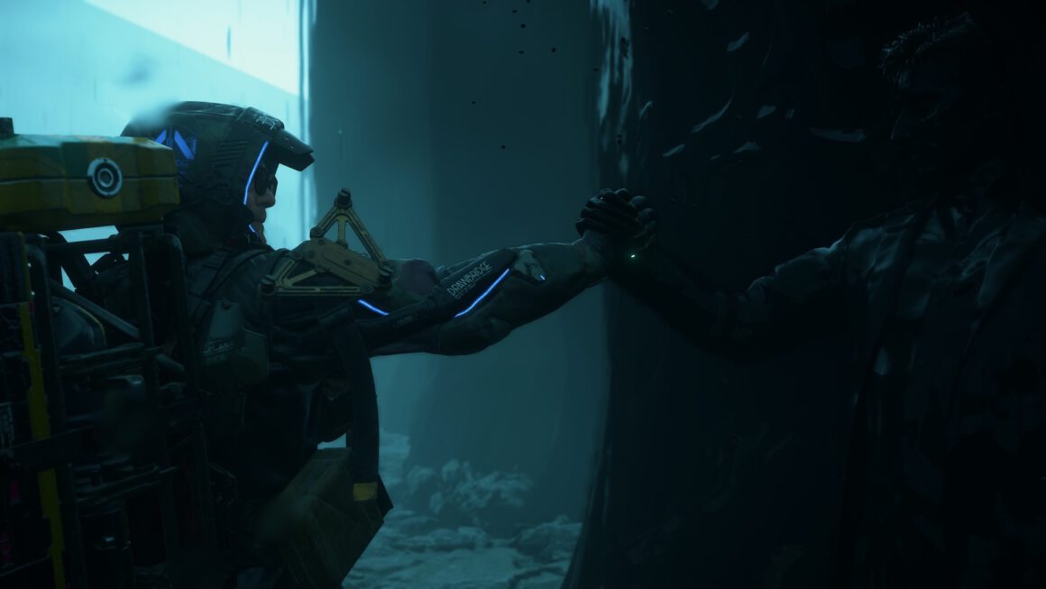 Sam Porter-Bridges aus Death Stranding 2 und eine Figur aus Teer
