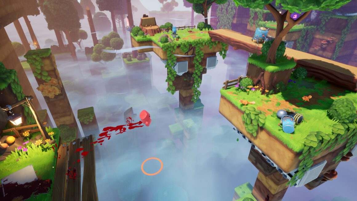Super Meat Boy spring in einem Level über einen Abgrund
